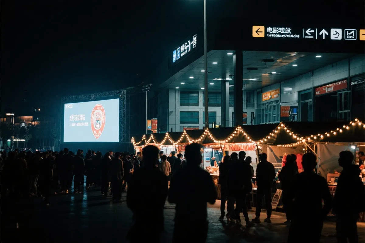 费城球迷广场夜景：大屏观赛人群、步行指示牌与公共交通入口